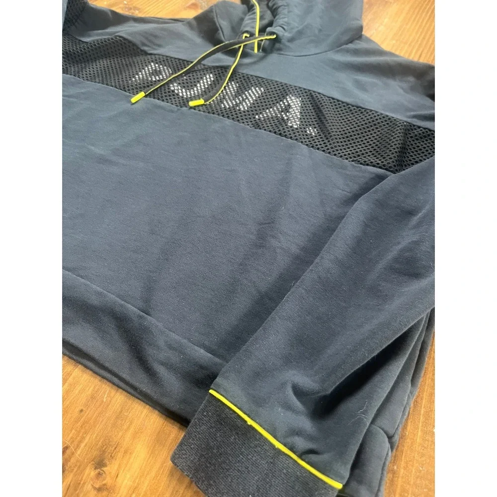 Puma‎ Womens XL Black Mesh Logo Hoodie Neon Yellow Accents Activewear Pullover